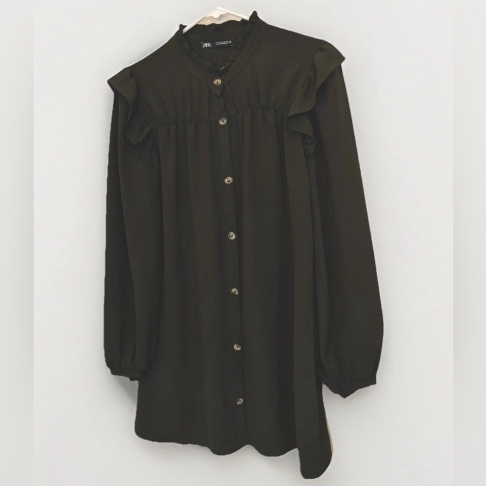 Zara Top L Gray Dark  Long Sleeve Ruffled Trim Button Collared